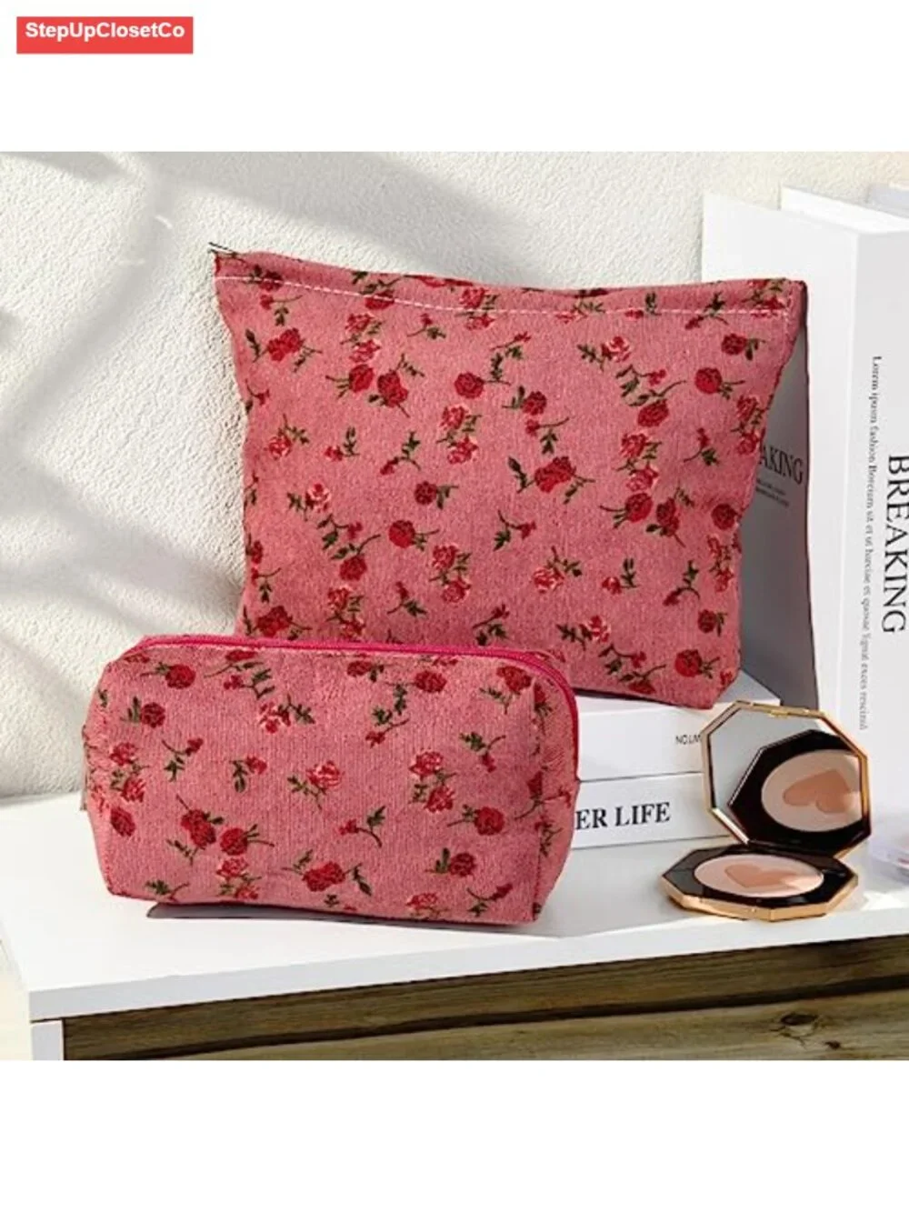 2 Pack Floral Cosmetic Bags - Large Canvas Travel Makeup Organizer with